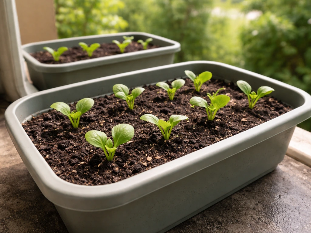 Shallow pot with spaced pechay seedlings on a sunny patio, minimal container garden setup.