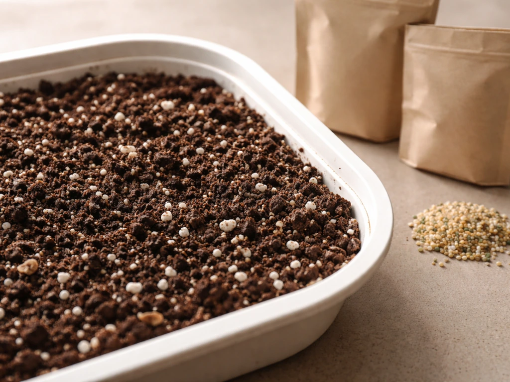 Close-up of a well-draining container soil mix texture with perlite and compost, plus small fertilizer items nearby.