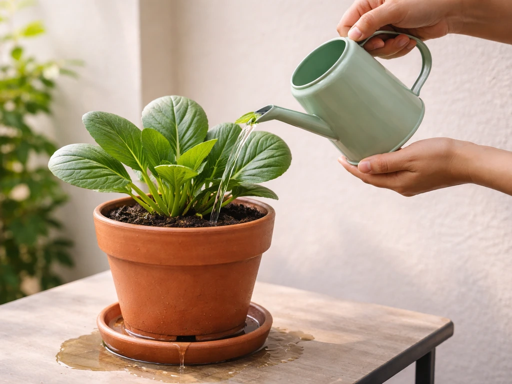 A hand watering a container pechay pot slowly until water drains from the bottom, beside bright window light.