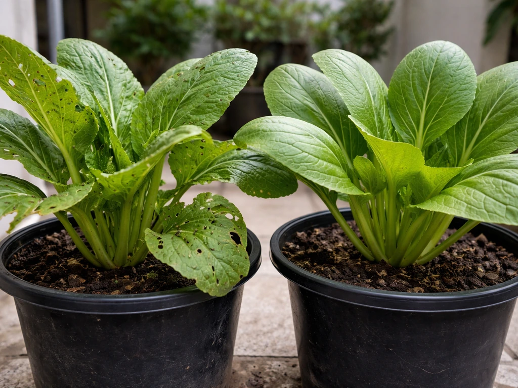 Container pechay leaves showing small aphids and flea-beetle holes next to healthy green leaves.