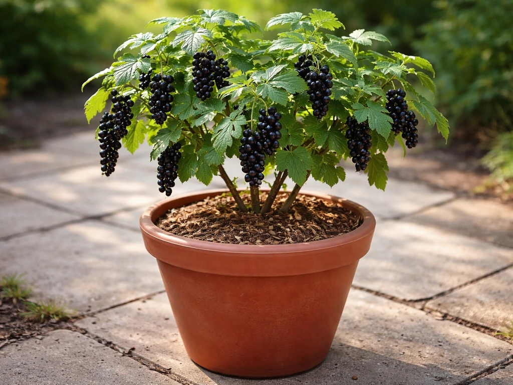 Blackcurrant bush thriving in a large pot on a patio, with dark berry clusters visible.