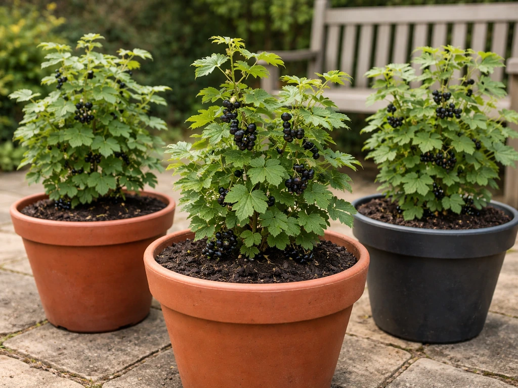 Compact blackcurrant bushes growing in pots on a patio, showing container-suitable plant varieties.