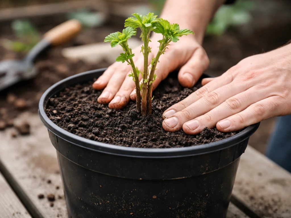 Closeup of a blackcurrant seedling planted in a pot with dark compost and broken crock layer.