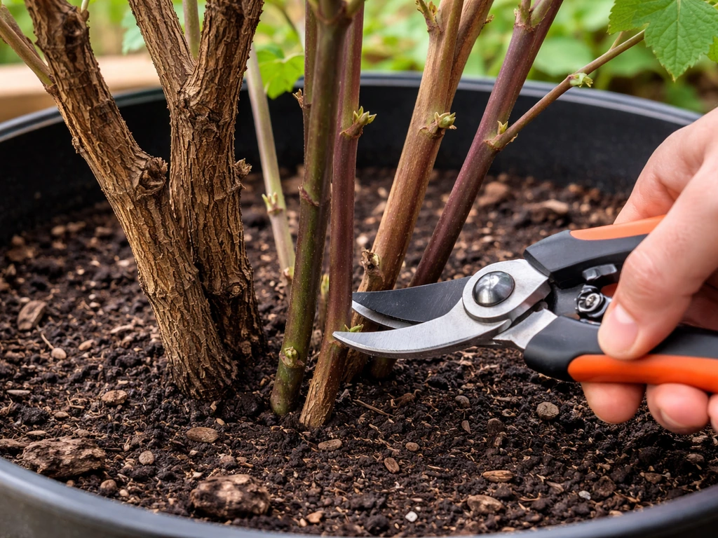 Close-up of pruning a potted blackcurrant, showing one-year growth left and older wood cut back.