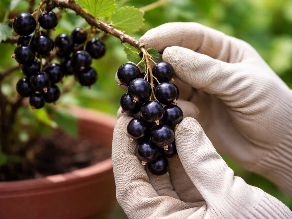 Closeup of ripe blackcurrant berries on strigs, harvested from a potted plant with soft natural light.