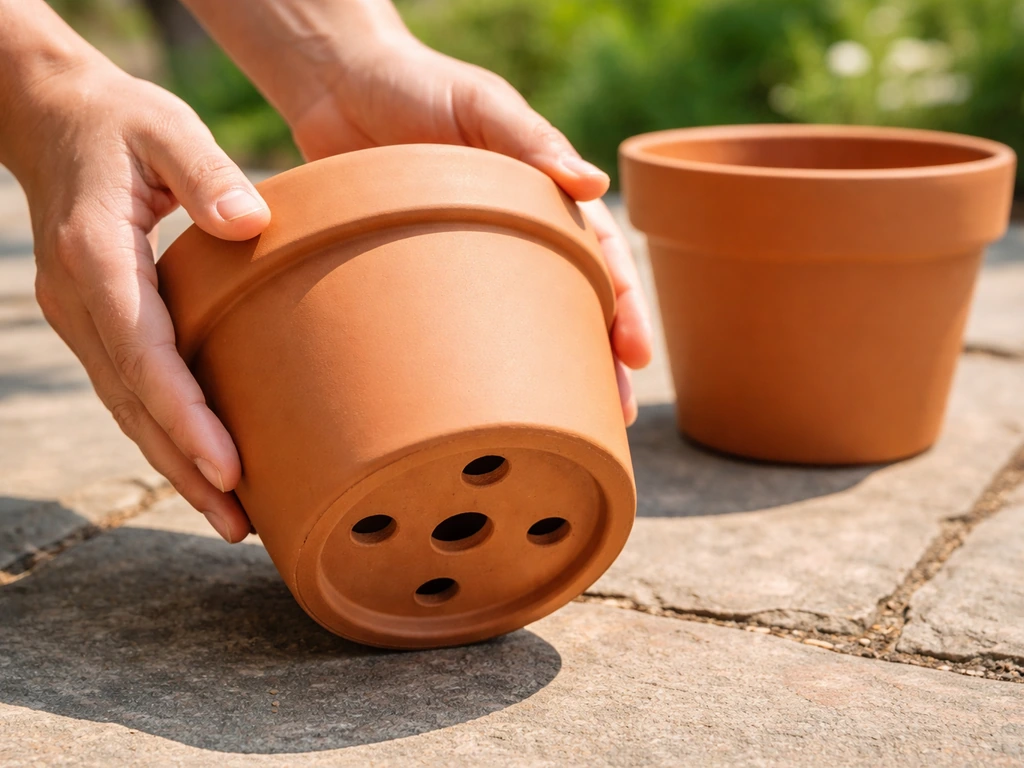 Hands placing a small pot with drainage holes in bright outdoor light, showing airflow and container size