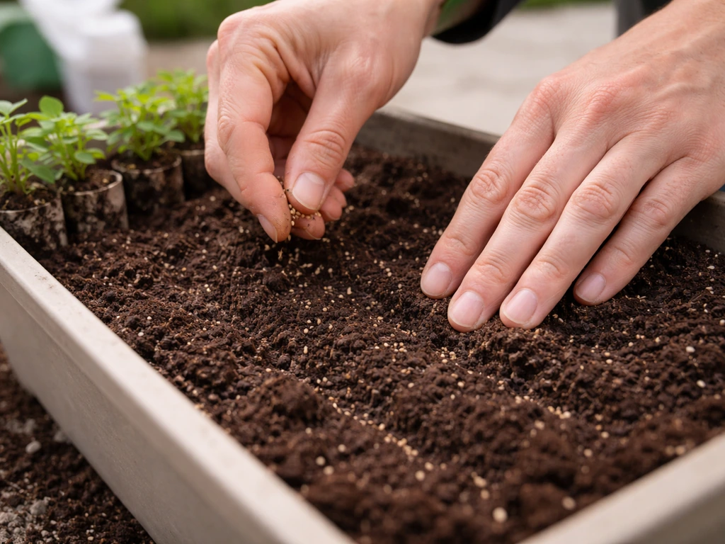 Gardener’s hands spacing snapdragon seeds and placing nursery plugs in a container