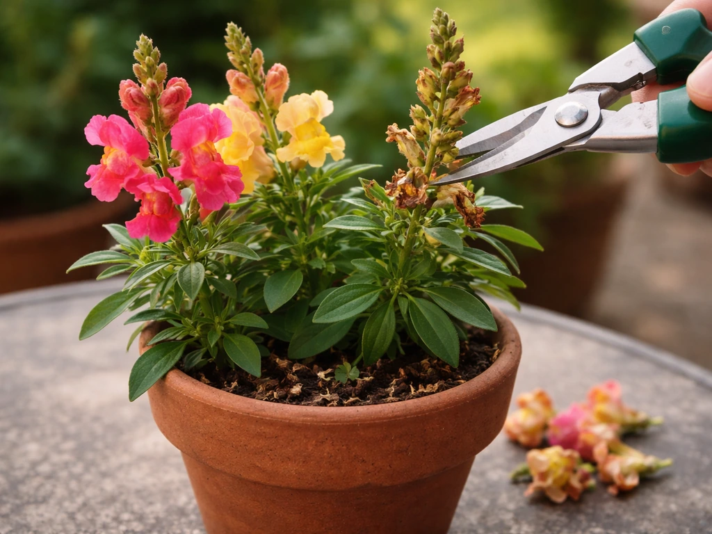 Snapdragon flower spike in a small pot with spent blooms snipped off using pruners, on a patio table.