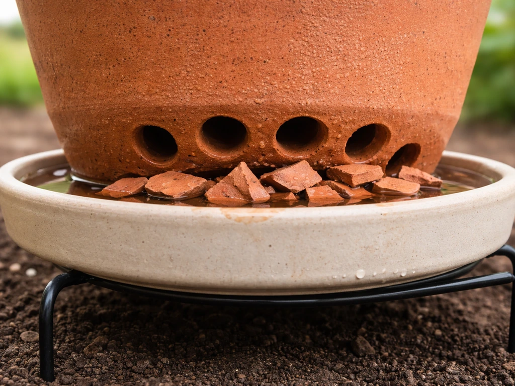 Close-up of a potted plant base with drainage holes and a saucer catching excess water