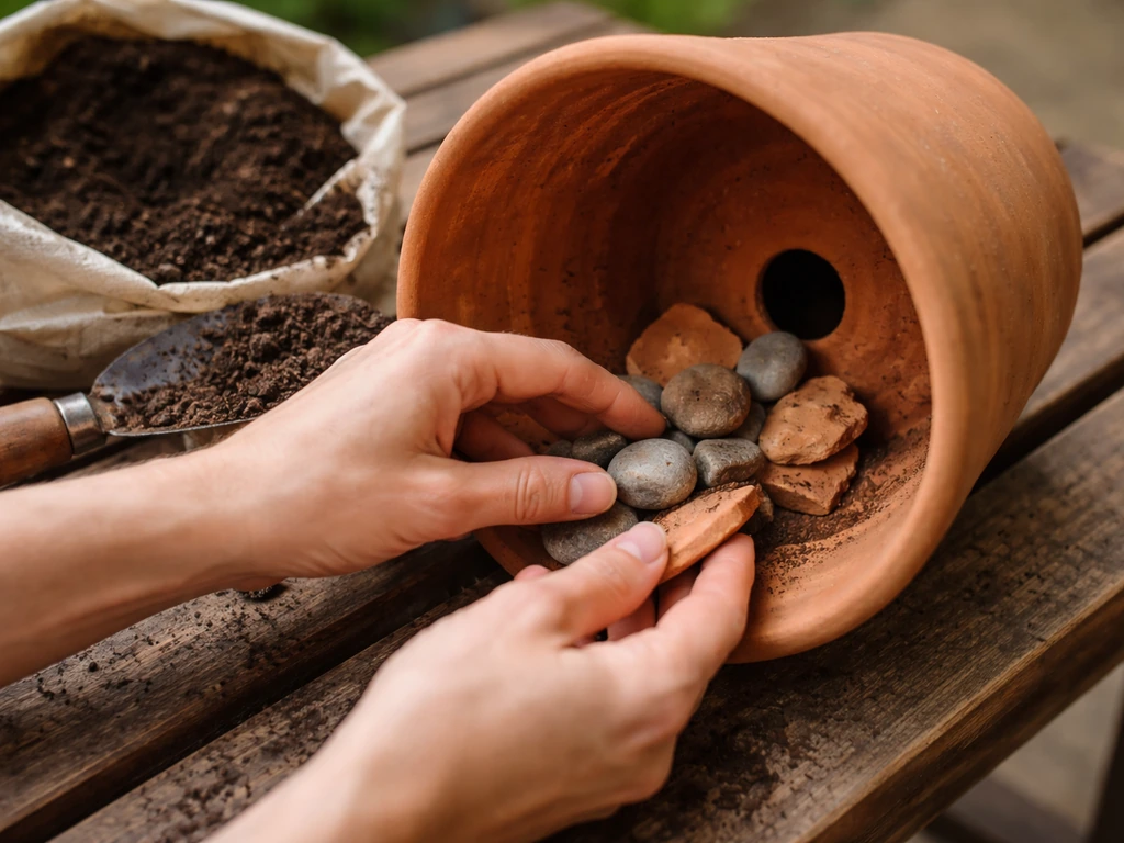 Hands placing crocks and stones over a pot’s drainage hole, with loam-based compost nearby.
