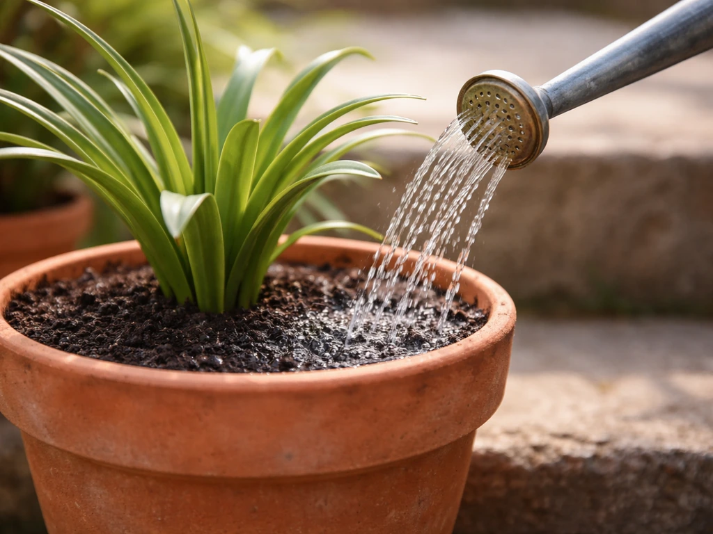Watering can pouring water onto compost surface in a potted agapanthus plant