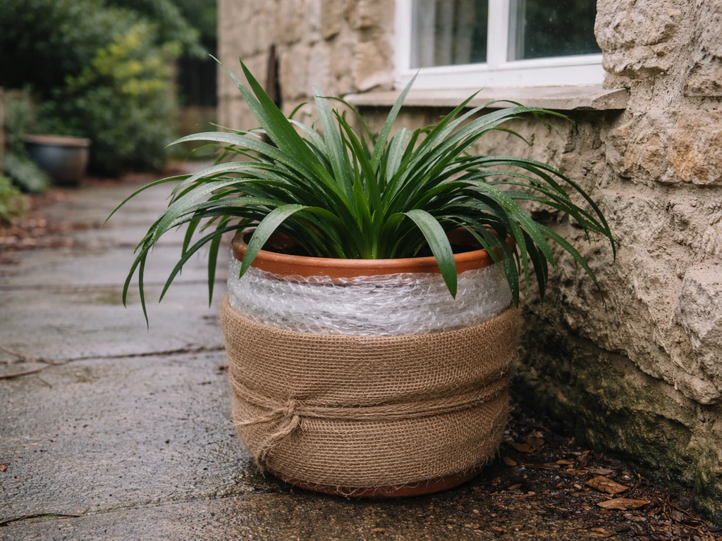 Agapanthus pot wrapped for winter, placed against a sheltered wall in a UK garden.