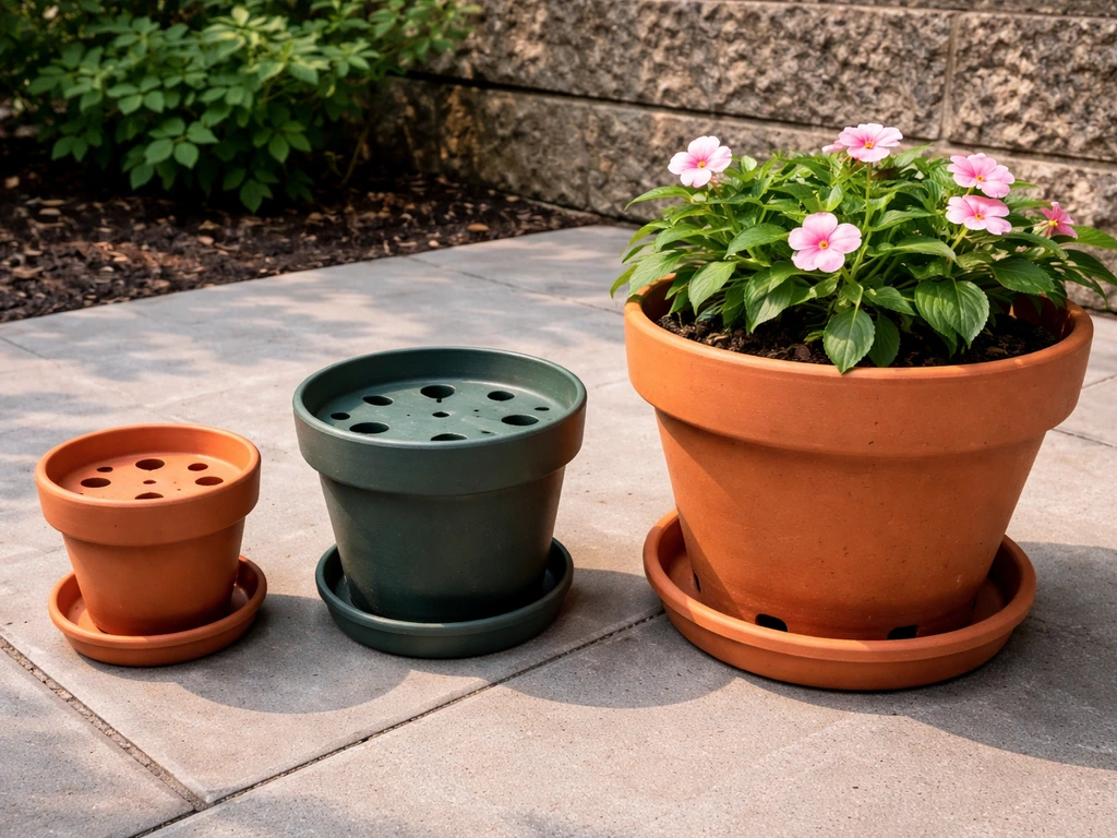 A small lineup of impatiens planters with visible drainage holes and saucers, showing different pot sizes.