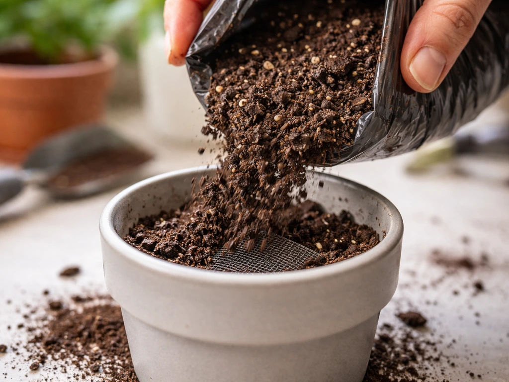 Potting mix being poured into a container over a drainage mesh/coffee-filter layer