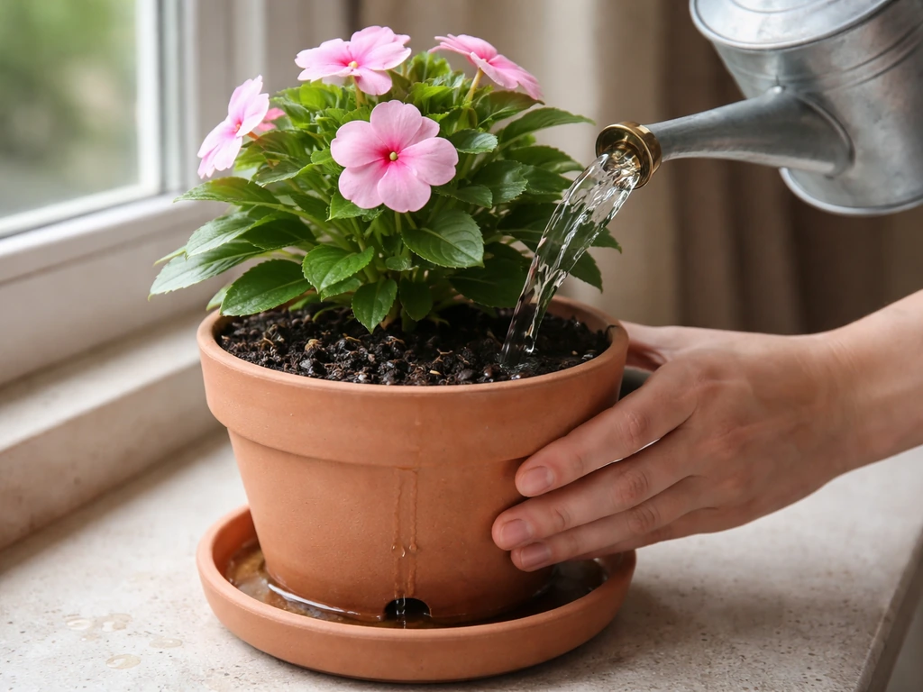 Impatiens in a pot being watered until water runs from the drainage hole.