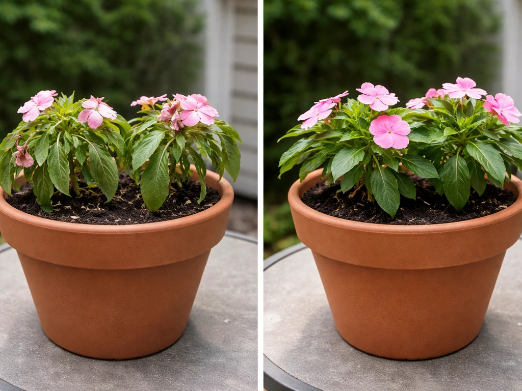 Two impatiens pots side-by-side: one wilting with dry soil, the other perked up after watering.