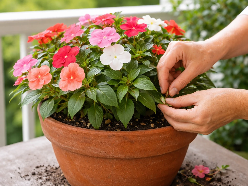 Hands deadheading spent stems in a terracotta pot of impatiens with fresh blooms nearby.