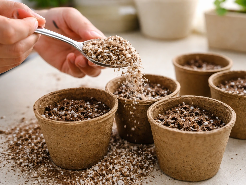 Close-up of light potting mix being spooned into small pots, showing fluffy texture for seed starting