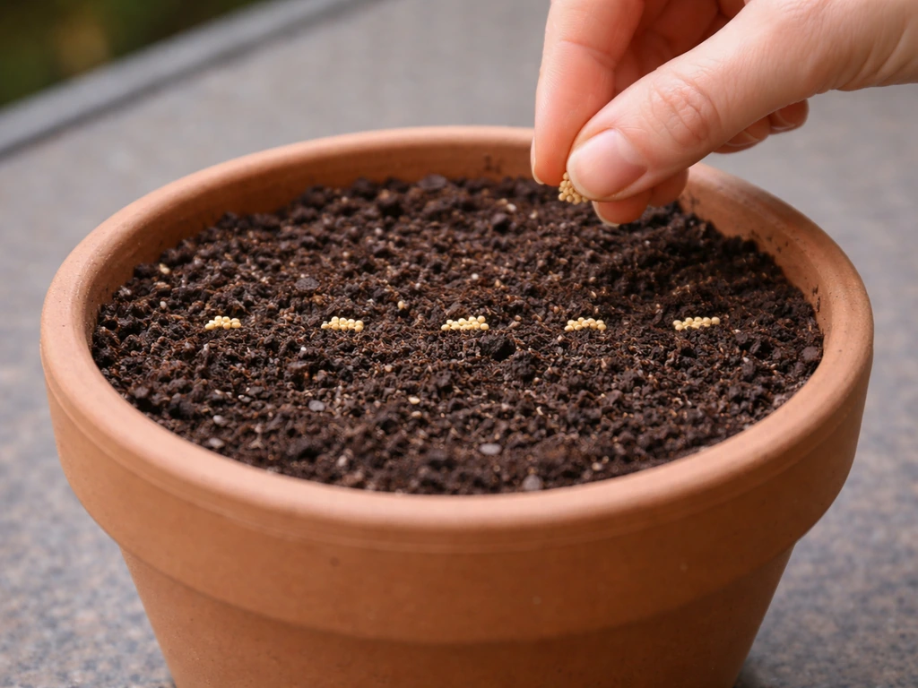 Close-up of a clay pot with spaced seed placements in moist soil and a hand ready to add more seeds.