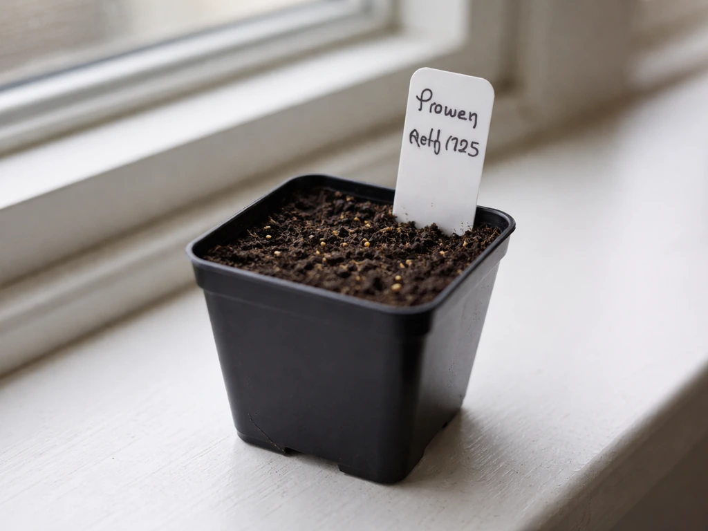 Close-up of a small seed-starting pot with a handwritten tag beside newly sown seeds in soil.