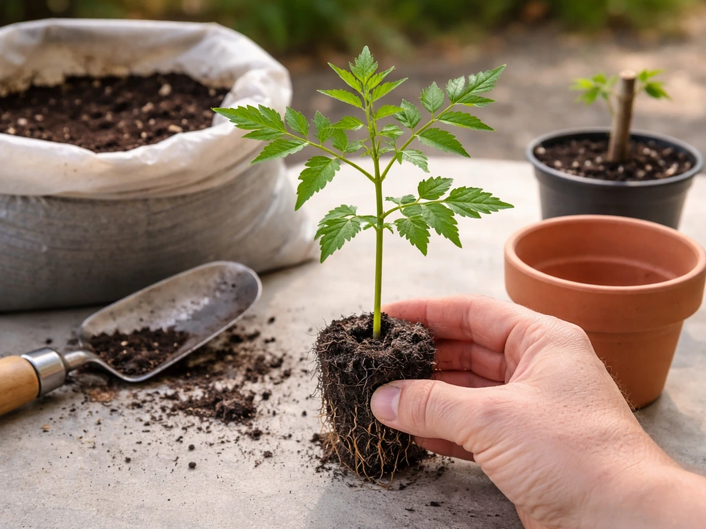 Young neem seedling prepared for planting in a terracotta pot with potting mix and tools nearby.