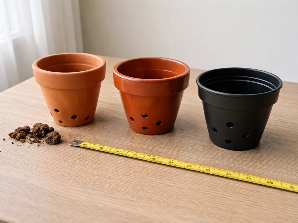 Terracotta and plastic plant pots with drainage holes, size reference measuring tape on a clean table.