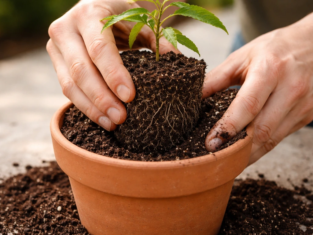 Hands placing a neem root ball at the correct depth in a pot, backfilling with soil.