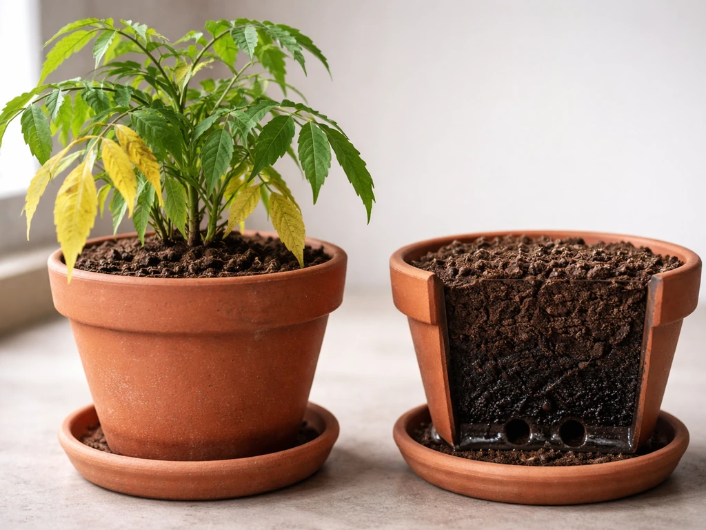 Neem plant with yellow leaves beside a pot showing wet soil versus a pot with well-drained soil.