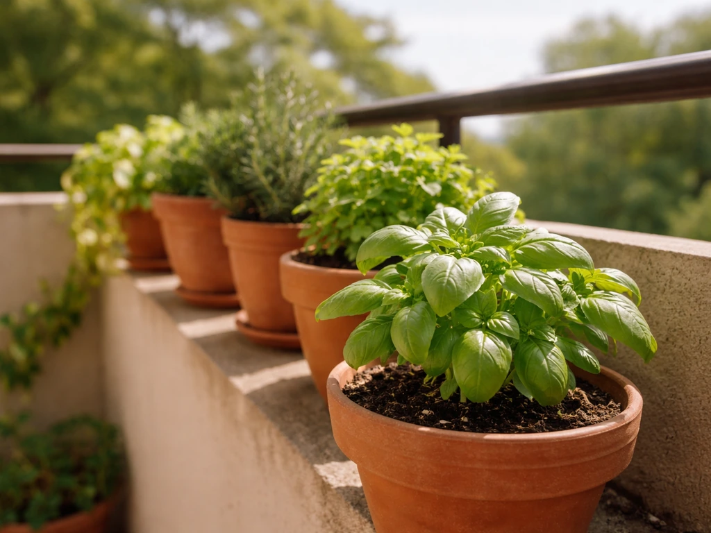 Healthy potted plants on a sunny patio, with one thriving plant in the foreground.