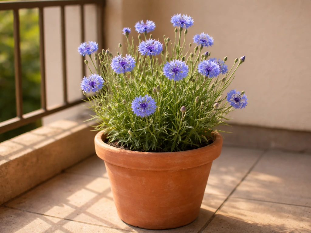 Healthy blue cornflowers blooming in a terracotta pot on a sunny balcony