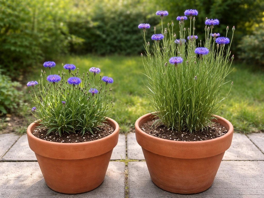 Cornflowers in two terracotta pots showing compact vs taller growth and height difference.