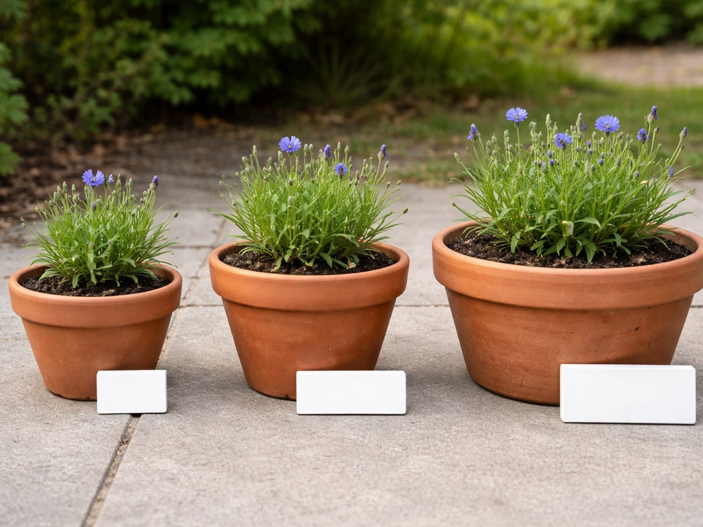 Three cornflower plants at the same stage in small, medium, and large pots, shown side-by-side outdoors.
