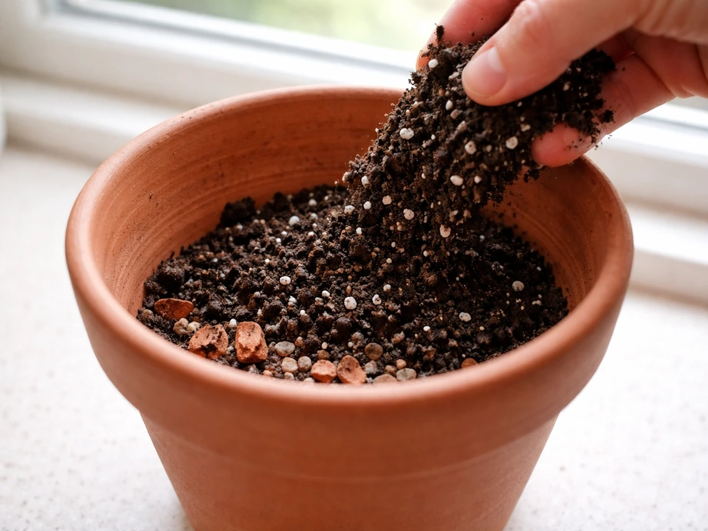 Garden pot with a drainage layer of crocks and gravel and compost-perlite mix being added.