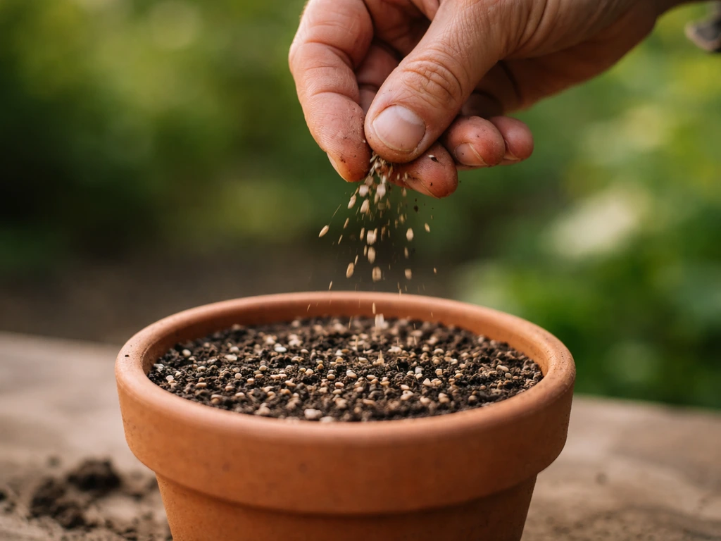 Anonymous hand sprinkling cornflower seeds thinly over compost in a small pot.