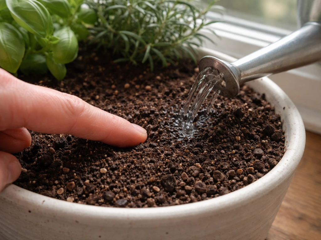 Close-up of a finger testing compost moisture while a watering can lightly waters a small pot.