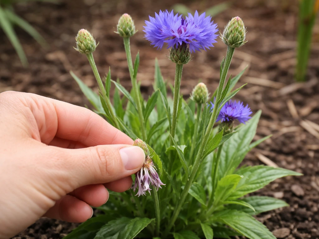 Hand deadheading cornflower by pinching off spent blooms before seed heads form, with new buds nearby.