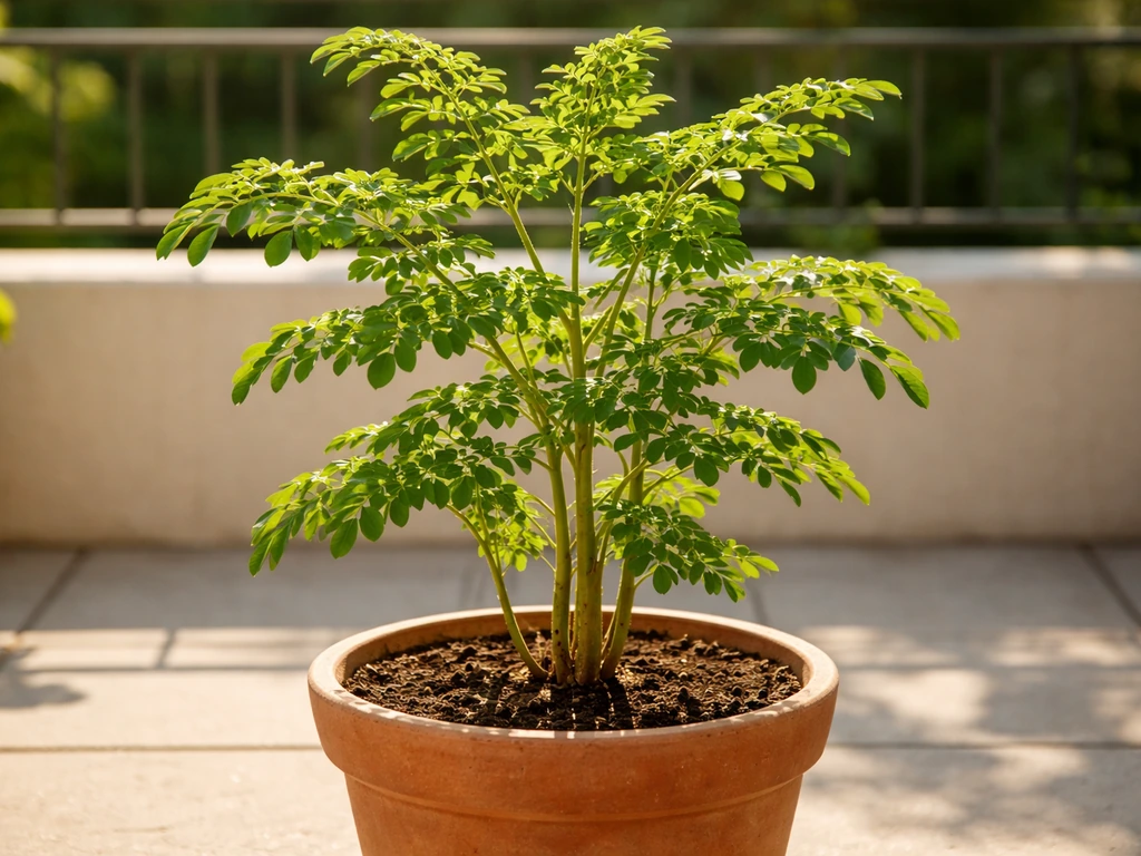 Thriving potted moringa (drumstick tree) with leafy canopy on a sunny patio, in a terracotta container