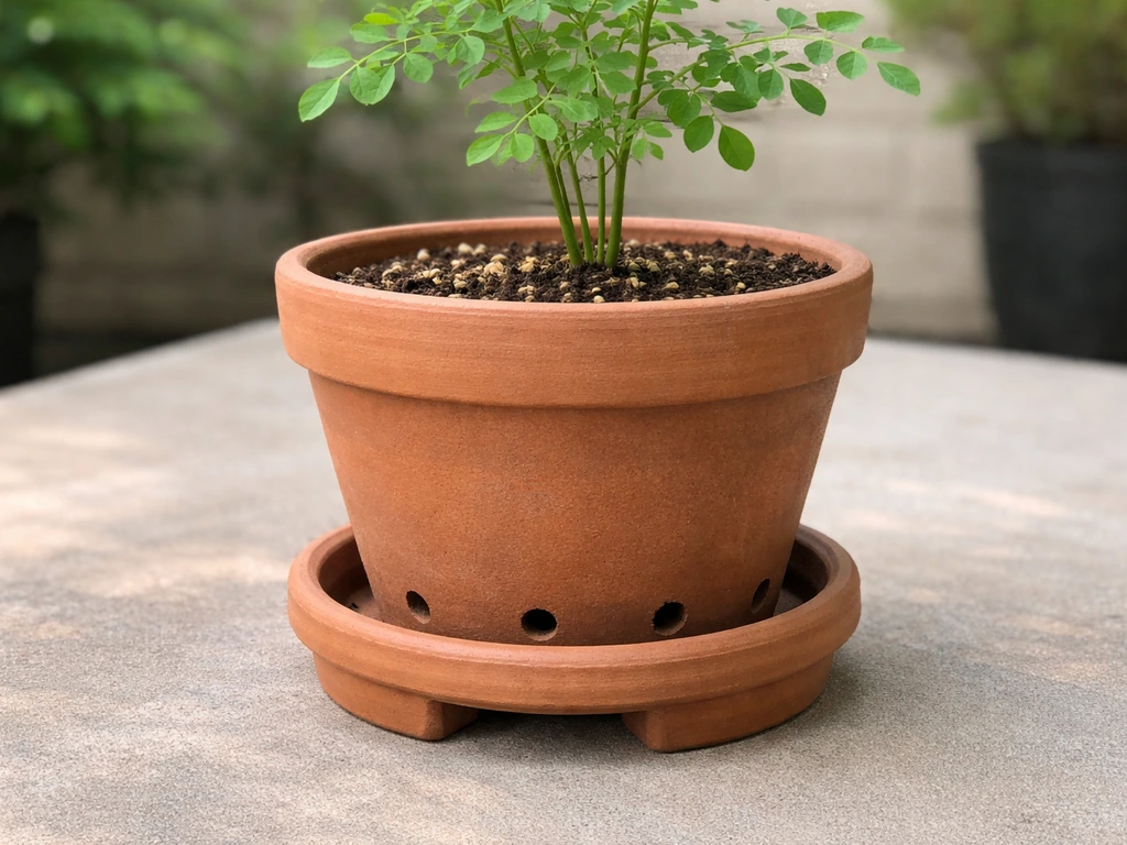 Close-up of a moringa pot on a raised saucer, showing drainage holes and taproot-friendly depth.