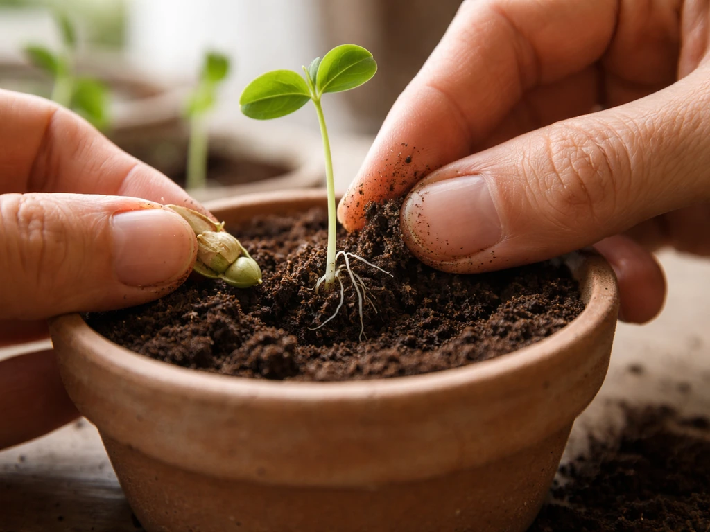 Hands placing germinated moringa seeds and a small seedling into a pot with moist soil.