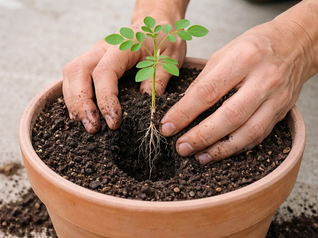 Rooted moringa seedling placed in a center hole of a pot, roots settling into prepared soil mix.