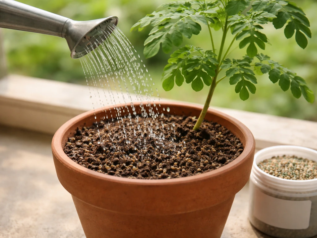 Watering can slowly drizzling water into a potted moringa plant beside a small fertilizer container
