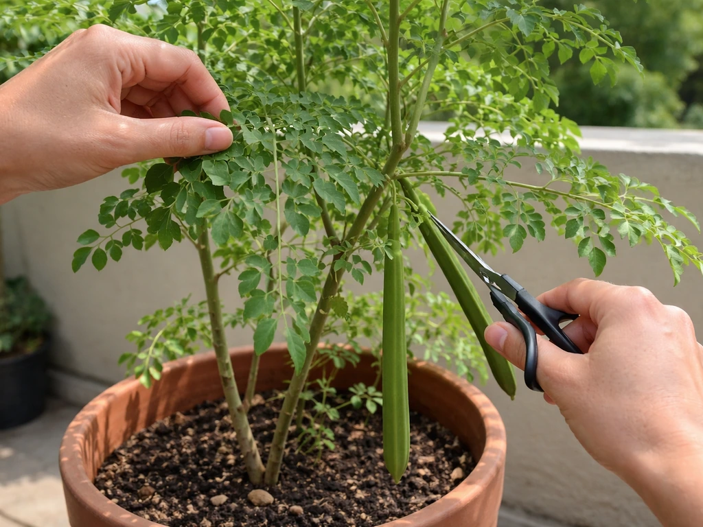 Anonymous hands picking fresh moringa leaves and cutting young drumstick pods from a potted plant.