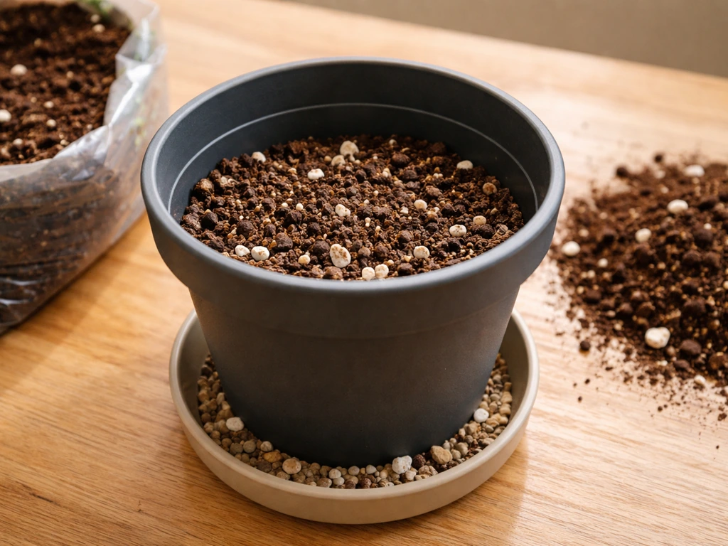 Close-up of a pot setup with well-draining potting mix and perlite, emphasizing proper drainage layers.