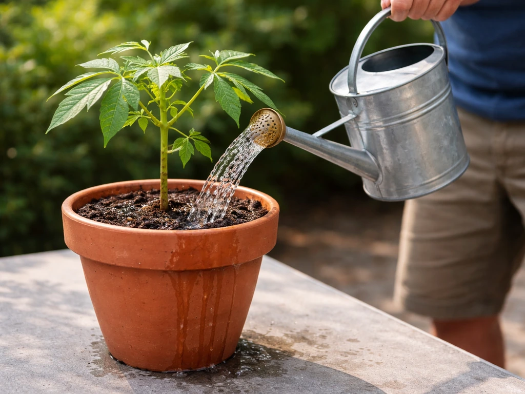 Watering a papaya plant in a pot as water streams through until gentle runoff, no pooled saucer water.