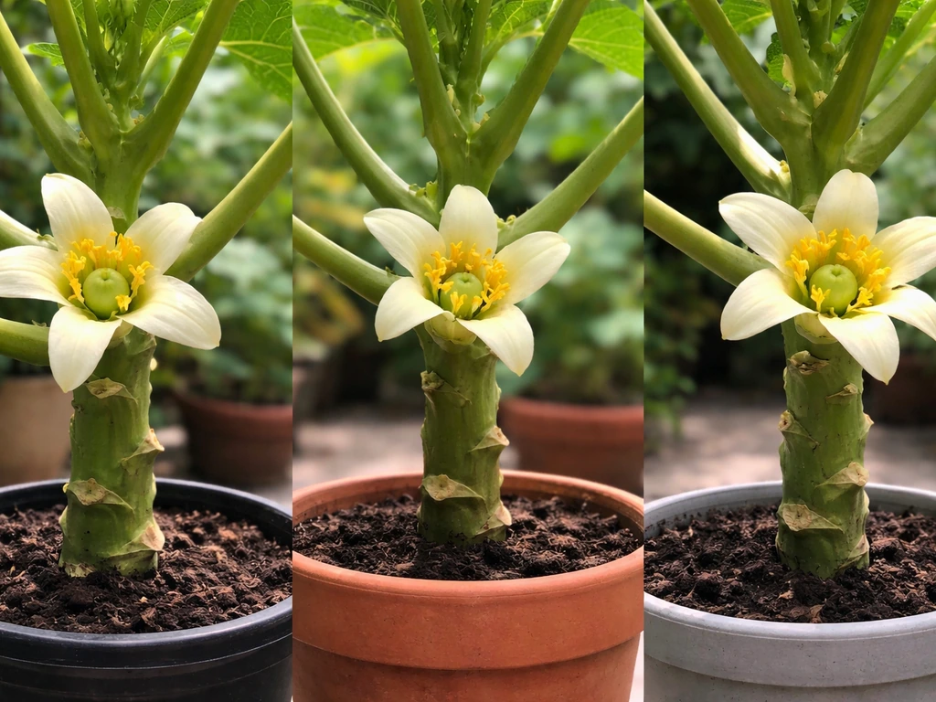 Three potted papaya plants showing female, male, and bisexual flower structures for container fruiting