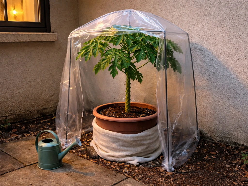 Potted papaya plant near a window in cool weather, with a small cloth cover and reduced watering setup