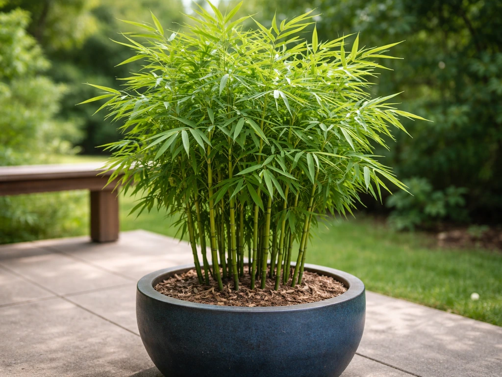 Lush clumping bamboo growing in a large pot on an outdoor patio edge