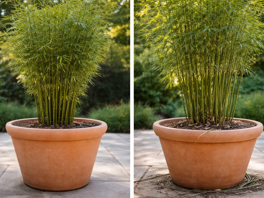 Two potted bamboo plants showing clumping growth in one pot and spreading runners in another.