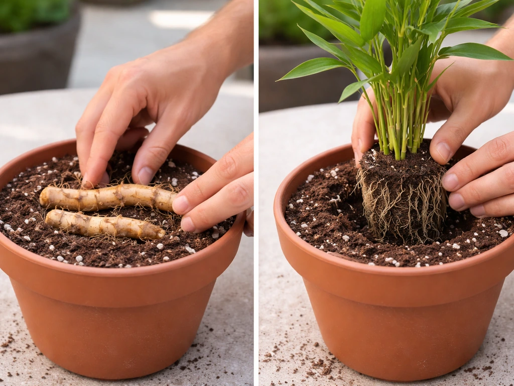 Anonymous hands placing bamboo rhizome and a rooted starter side-by-side into light potting mix.