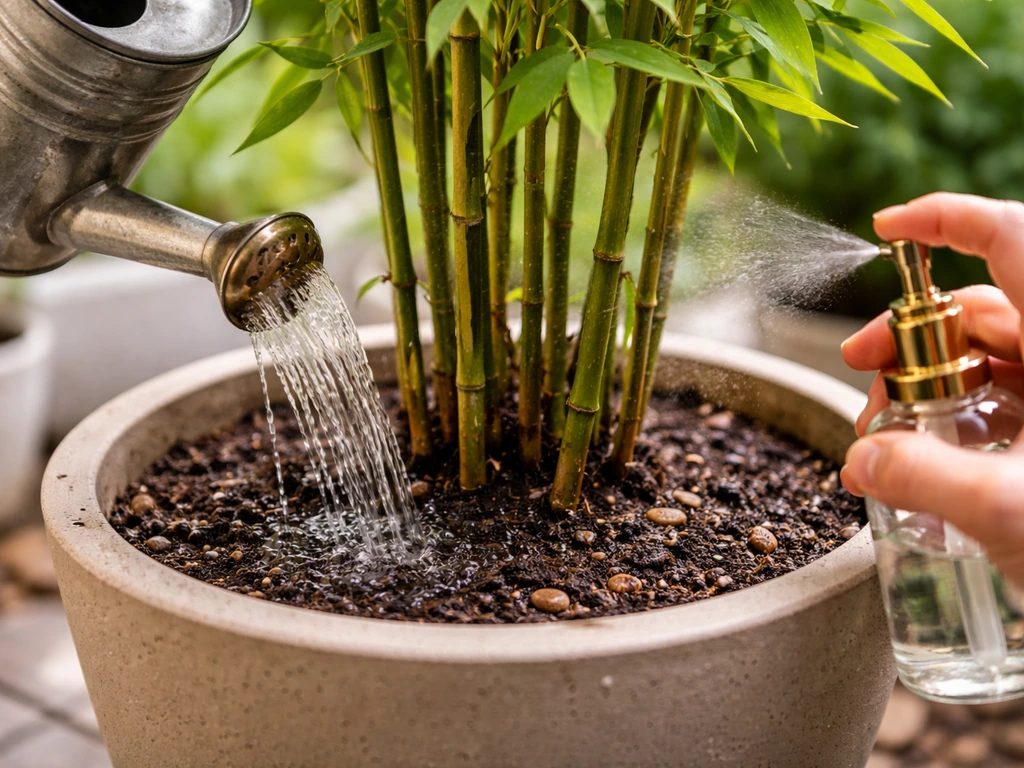 Watering can pouring into a potted bamboo’s soil, with nearby misting for humidity care.